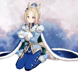 1girl animal_ears blonde_hair blue_boots blue_cape blue_crown blue_jacket blue_pants boots brown_eyes cape crown fur-trimmed_cape fur_trim gloves hair_ornament highres horse_ears horse_girl jacket migolu mini_crown multicolored_hair narita_top_road_(celestial_road)_(umamusume) narita_top_road_(umamusume) official_alternate_costume pants parted_bangs seiza sitting solo streaked_hair umamusume white_gloves white_hair