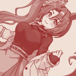 1girl animal_ears belt blush breasts brown_theme closed_mouth commentary_request curtained_hair ear_through_crown high_side_ponytail horse_ears horse_girl impossible_clothes impossible_shirt jacket jacket_partially_removed large_breasts long_hair looking_at_viewer lowres monochrome satono_crown_(umamusume) shiodanx shirt shirt_tucked_in simple_background skirt smile solo umamusume upper_body