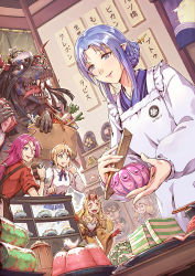 5girls ahoge alternate_hairstyle apron artoria_pendragon_(fate) bag blonde_hair blue_eyes blue_hair bone braid braided_bun commentary cup dinosaur doll fate/extra fate/grand_order fate/requiem fate/stay_night fate_(series) food francis_drake_(fate) green_eyes hair_bun hair_ornament hair_up hairpin heart heart_ahoge horns ibaraki_douji_(fate) kappougi kijo_kouyou_(fate) kijo_kouyou_(first_ascension)_(fate) medea_(caster)_(fate) medea_(fate) multiple_girls one_eye_closed oni oni_horns pink_hair pointy_ears ponytail radish ribbon richard_suwono saber_(fate) scar scar_on_face sharp_teeth single_hair_bun sweets teeth vegetable yellow_eyes