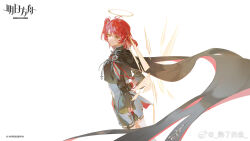 1girl ahoge arknights artist_name black_jacket breasts cape chinese_commentary commentary_request copyright_name dress exusiai_the_new_covenant_(arknights) halo highres hood hooded_cape jacket looking_at_viewer medium_breasts medium_hair official_art one_side_up red_eyes red_hair shule_de_yu simple_background smile solo three-quarter_sleeves white_background white_dress wide_sleeves wings