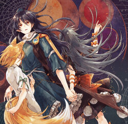3girls animal_ears arm_ribbon back_bow blonde_hair blue_hair blue_hat bow closed_eyes coat dress fox_girl frilled_dress frills green_ribbon grey_hair hat himemushi_momoyo hisona_(suaritesumi) holding holding_hands holding_test_tube iizunamaru_megumu jewelry kudamaki_tsukasa large_bow long_hair multiple_girls open_mouth orange_bow pointy_ears pom_pom_(clothes) red_eyes ribbon ribbon_trim ring shirt skirt sleeve_ribbon sleeveless sleeveless_coat tail test_tube tokin_hat touhou unconnected_marketeers white_romper