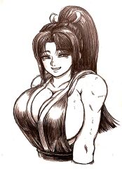 1girl breasts bursting_breasts cleavage fatal_fury grin half-closed_eyes japanese_clothes large_breasts long_hair looking_at_viewer monochrome ponytail seductive_gaze seductive_smile shiranui_mai sideboob smile snk the_king_of_fighters traditional_media wrato