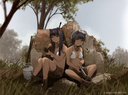 2girls animal_ears artist_name assault_rifle bikini black_hair boots brown_footwear brown_shorts cat_ears dead-robot grass green_eyes gun holding holding_gun holding_weapon long_hair looking_at_viewer military mixed-language_commentary multiple_girls original outdoors rifle ruins scenery short_hair shorts sitting swimsuit tree twitter_username watermark weapon white_bikini