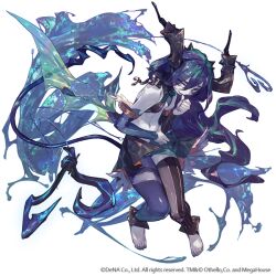 1girl asymmetrical_clothes barefoot black_horns closed_mouth colored_skin copyright_notice detached_sleeves fish_hook fishing_line green_eyes grey_skin hair_between_eyes horns leviathan_(othellonia) long_hair navel official_art othellonia single_pantsleg so-taro solo very_long_hair white_background