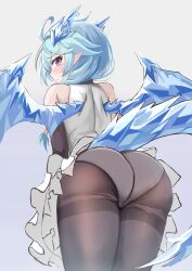 1girl absurdres ahoge ass bare_shoulders black_gloves black_pantyhose blue_hair blue_horns blue_wings blush braid craig_(2980ct) crystal_horns crystal_tail crystal_wings dragon_horns dragon_tail dragon_wings from_behind gloves hair_over_shoulder highres horns long_hair looking_back panties panties_under_pantyhose pantyhose pointy_ears princess_connect! purple_eyes sheffy_(princess_connect!) shirt skirt slit_pupils tail thighband_pantyhose thighs underwear white_shirt white_skirt wings