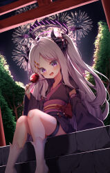 1girl absurdres aerial_fireworks apple_mango black_halo black_kimono blue_archive candy_apple commentary demon_horns detached_sleeves fireworks food hair_ornament hairclip halo highres hina_(blue_archive) holding_candy_apple horns japanese_clothes kimono long_hair long_sleeves looking_at_viewer night open_mouth purple_eyes sitting sitting_on_stairs socks solo stairs stone_stairs teeth thigh_strap torii tree upper_teeth_only white_hair white_socks wide_sleeves