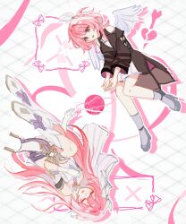 Rule 34 | 2girls, angel wings, blue eyes, boots, brown coat, closed eyes, coat, commentary request, company connection, corset, cyrene (honkai: star rail), elysia (herrscher of human: ego) (honkai impact), elysia (honkai impact), gloves, hair ornament, highres, honkai: star rail, honkai (series), honkai impact 3rd, inoue marina, ko (assd 009), korean commentary, long hair, multiple girls, pink hair, short hair, smile, trait connection, veil, very long hair, voice actor connection, white boots, white corset, white gloves, white veil, wings, yanning