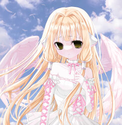 1girl 2000s_(style) aegyo_sal angel_wings animal_ears blonde_hair breasts chii chobits choker cloud commentary dress feathered_wings frilled_choker frills green_eyes hair_tubes highres long_hair looking_at_viewer medium_breasts off-shoulder_dress off_shoulder persocom_(chobits) pink_ribbon ribbon robot_ears shiori0610_00 sky solo variant_set very_long_hair white_choker white_dress wings
