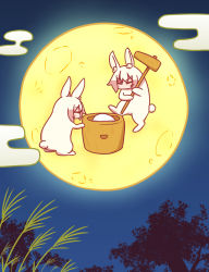 2girls animal_ear_fluff animal_ears animalization blush closed_eyes egasumi food full_moon highres holding kemomimi-chan_(naga_u) kine long_hair mallet mochi mochitsuki moon moon_rabbit mortar_(bowl) multiple_girls naga_u night night_sky original outdoors rabbit_ears rabbit_tail sky tail tree v-shaped_eyebrows white_hair