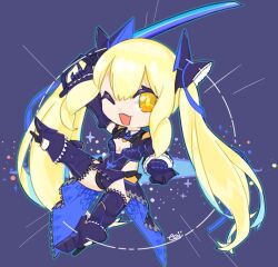 1girl blonde_hair breasts chibi cleavage_cutout clothing_cutout cyborg drill_hair drill_sidelocks full_body high_heels holding holding_sword holding_weapon long_hair nightmare_series one_eye_closed orange_eyes phantasy_star phantasy_star_online_2 sidelocks smile solo sword taitaidayo thighhighs very_long_hair weapon