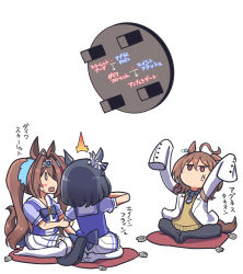 Rule 34 | 3girls, ^^^, agnes tachyon (umamusume), ahoge, anger vein, animal ears, black hair, black legwear, black shirt, bow, bowtie, brown hair, collared shirt, cushion, daiwa scarlet (umamusume), earrings, eishin flash (umamusume), family tree, frilled skirt, frills, horse ears, horse girl, horse tail, horseshoe ornament, jewelry, jitome, lab coat, long hair, medium hair, miniskirt, multiple girls, necktie, pantyhose, pleated skirt, puffy short sleeves, puffy sleeves, purple bow, purple bowtie, purple shirt, red eyes, sailor collar, sailor shirt, sakazaki freddy, school uniform, seiza, shirt, short hair, short necktie, short sleeves, single earring, sitting, skirt, summer uniform, sweater, table flip, tail, thighhighs, tracen school uniform, twintails, umamusume, very long hair, white skirt, white thighhighs, yellow sweater