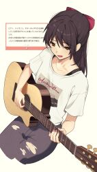 1girl black_hair blush bow bra_strap breasts brown_eyes guitar hair_bow hibike!_euphonium highres holding holding_guitar holding_instrument instrument lie_lack1080 long_hair music open_mouth pants playing_guitar playing_instrument red_bow sakai_masako shirt short_sleeves smile solo torn_clothes torn_pants white_shirt