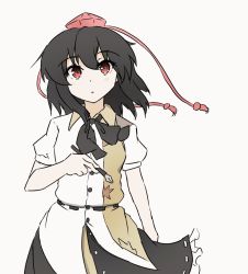 1girl animated animated_gif black_hair black_skirt blinking blush buttons collar collared_shirt cowboy_shot hat holding leaf_print nib_pen_(object) pen ribbon shameimaru_aya shirt short_hair short_sleeves simple_background skirt tarumaru tokin_hat touhou white_background white_shirt wind wind_lift