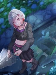 1girl belt black_boots black_choker black_jacket black_skirt blue_flower blurry blurry_background blush bob_cut boots camisole choker closed_mouth collarbone colored_inner_hair commentary_request cropped_jacket diagonal_bangs flower grey_hair hair_ornament highres holding holding_umbrella hydrangea inverted_bob jacket lace-up_boots link!_like!_love_live! looking_at_viewer love_live! midriff multicolored_hair official_alternate_costume outdoors overskirt pink_belt pink_eyes plaid_camisole pleated_skirt purple_camisole red_hair sakari_(pear_8_ll) short_hair skirt smile solo song_name standing streaked_hair tragic_drops_(love_live!) transparent transparent_umbrella umbrella virtual_youtuber x_hair_ornament yugiri_tsuzuri