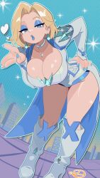 1girl absurdres bare_legs blonde_hair blowing_kiss blue_eyes blue_eyeshadow blue_lips blue_sky boots breasts cleavage dress emma_frost eyeshadow highres makeup mamovt marvel marvel_rivals outdoors sky solo twitter_suki
