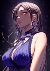 1girl bare_shoulders black_hair blue_dress blush bow breasts brown_hair cleavage crescent crescent_earrings dress earrings final_fantasy final_fantasy_vii final_fantasy_vii_remake highres jewelry large_breasts long_hair looking_at_viewer official_alternate_costume purple_dress red_eyes sleeveless sleeveless_dress smile solo temoc tifa_lockhart tifa_lockhart_(refined_dress) upper_body wall_market