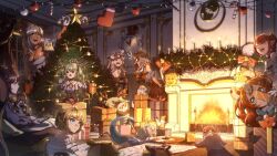 6+girls aged_down ahoge alternate_costume artist_request blonde_hair bloom_(irys) bloop_(gawr_gura) blue_eyes box breasts carpet ceres_fauna chimney christmas clock closed_eyes cup dark-skinned_female dark_skin drinking fire gawr_gura gift gift_box glasses gloom_(irys) green_hair hakos_baelz headphones headphones_around_neck highres hololive hololive_english horns irys_(hololive) large_breasts looking_at_another mori_calliope multiple_girls nanashi_mumei ninomae_ina&#039;nis open_mouth ouro_kronii pajamas pine_tree saliva scenery side_ponytail skirt sleepy small_breasts smile sunglasses sweater tail takanashi_kiara tree tsukumo_sana virtual_youtuber watson_amelia white_hair yellow_eyes