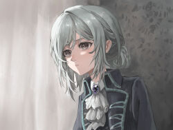 1girl absurdres ascot bbl black_coat coat collared_shirt curtains grey_eyes grey_hair hair_bun highres parted_lips reverse:1999 shirt single_side_bun solo upper_body vertin_(reverse:1999) wallpaper_(object) white_ascot white_shirt
