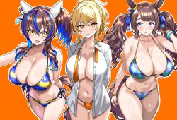 Rule 34 | 3girls, alternate costume, animal ears, armpits, arms behind back, bikini, black hair, blonde hair, blush, bracelet, breasts, brown hair, closed mouth, collarbone, commentary request, cowboy shot, daitaku helios (umamusume), ear ornament, fang, fingernails, groin, hair between eyes, hair ornament, haiwo, halterneck, highres, horse ears, horse girl, horse tail, jewelry, large breasts, long hair, looking at viewer, love live!, love live! nijigasaki high school idol club, medium breasts, medium hair, miyashita ai, multicolored hair, multiple girls, navel, necklace, necktie, one eye closed, orange background, orange bikini, orange eyes, orange necktie, ponytail, purple bikini, purple nails, shirt, simple background, smile, stomach, streaked hair, string bikini, swimsuit, tail, tosen jordan (umamusume), twintails, umamusume, white background, white shirt, yellow eyes