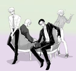 1girl 2boys :3 age_progression annoyed asama_hirotaka black_eyes black_hair blonde_hair business_casual business_suit camera collared_shirt dress_shoes fang finger_gun formal_clothes glasses grabbing_another&#039;s_arm highres holding holding_camera holding_picture_frame horror_(theme) inubousaki_shioi jacket multiple_boys nikubami_honegishimi old old_man open_clothes open_jacket photo_(object) picture_frame runarica0914 sad shirt shoes sitting sneakers suit sweater wakashio_souichiro white_hair