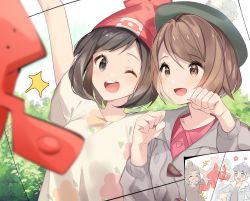 Rule 34 | 2boys, 2girls, beanie, black eyes, black hair, blue hair, blush, brown eyes, brown hair, cardigan, dark-skinned male, dark skin, dress, floral print, fur trim, gen 4 pokemon, gloria (pokemon), green headwear, grey cardigan, hat, hau (pokemon), highres, hop (pokemon), jacket, long sleeves, looking at viewer, multiple boys, multiple girls, nintendo, open mouth, pink dress, pokedex, pokemon, pokemon (creature), pokemon sm, pokemon swsh, ponytail, red headwear, rotom, rotom dex, rotom phone, selene (pokemon), shirt, short hair, short sleeves, smile, tam o&#039; shanter, yellow eyes, yuhi (hssh 6)