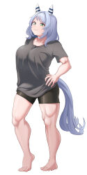 Rule 34 | 1girl, :3, alternate costume, animal ears, barefoot, black shirt, black shorts, breasts, closed mouth, commentary request, ear covers, ear ornament, full body, green eyes, grey hair, hands on own hips, highres, hishi miracle (umamusume), horse ears, horse girl, horse tail, medium breasts, medium hair, muscular, muscular female, ohmi-wisteria, shirt, shorts, simple background, smile, solo, tail, umamusume, white background