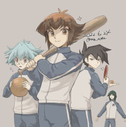 Rule 34 | 4boys, ball, black hair, blue hair, brown eyes, brown hair, flying sweatdrops, grey pants, holding, holding ball, jacket, manjoume jun, marufuji ryo, marufuji sho, moiko, multiple boys, open mouth, paddle, pants, short hair, smile, table tennis ball, table tennis paddle, yu-gi-oh!, yu-gi-oh! gx, yuki judai, zipper pull tab