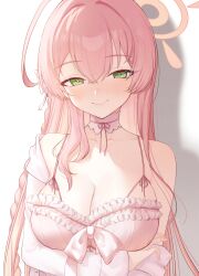 1girl absurdres ahoge alternate_costume arm_under_breasts babydoll blue_archive blush bow braid breasts cleavage closed_mouth collarbone commentary encheru_(th-sto) green_eyes hair_bow halo hanako_(blue_archive) highres large_breasts long_hair looking_at_viewer pink_babydoll pink_hair pink_halo shirt smile solo white_bow white_shirt