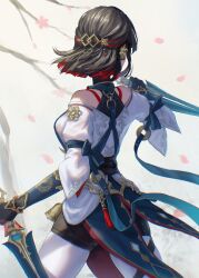 1girl absurdres bare_shoulders black_hair black_shorts breasts chinese_clothes commentary_request cowboy_shot dual_wielding from_behind headgear highres holding holding_sword holding_weapon honkai:_star_rail honkai_(series) medium_breasts michiko_(ui29) multicolored_hair pantyhose pantyhose_under_shorts pink_petals red_hair shirt short_hair shorts solo streaked_hair sword weapon white_pantyhose white_shirt xueyi_(honkai:_star_rail)