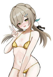 1girl bare_shoulders bikini blush breasts brown_hair dot_nose gold_bikini golden_week_bikini green_eyes hair_ornament highres honkai:_star_rail honkai_(series) long_hair looking_at_viewer low_twintails navel nose_blush open_mouth qingque_(honkai:_star_rail) simple_background small_breasts sweat swimsuit twintails user_kzww4282 v white_background