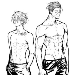 Rule 34 | 2boys, abs, ahoge, bakshi christensen, closed mouth, collarbone, cowboy shot, giancarlo bourbon del monte, greyscale, groin, hair between eyes, hair slicked back, hands in pockets, height difference, looking at viewer, lucky dog 1, male focus, miyamoyan, monochrome, multiple boys, muscular, muscular male, navel, nipples, pants, pectorals, scar, scar on shoulder, short hair, simple background, sketch, toned, toned male, topless male, white background