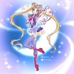 1girl adapted_costume armpits bad_id bad_twitter_id bishoujo_senshi_sailor_moon blonde_hair blue_arm_warmers blue_background blue_eyes blue_leotard blue_sailor_collar blue_skirt blue_thighhighs boots bow bowtie brooch bubble chocofish choker clothing_cutout collarbone commentary cosmix crescent_moon dot_nose double_bun english_commentary eyelashes eyeshadow fairy fairy_wings fishnet_skirt full_body hair_bun hand_on_own_head hand_on_own_hip happy high-waist_skirt high_heel_boots high_heels highres instagram_username jewelry knee_boots layered_skirt leg_up leotard light_blush light_particles long_hair looking_at_viewer magical_girl makeup miniskirt moon open_mouth outline parted_bangs pleated_skirt purple_eyeshadow red_boots red_bow red_bowtie red_choker red_sleeves sailor_collar sailor_moon see-through_skirt_layer short_sleeves skirt smile solo sparkle star_(symbol) star_brooch star_choker star_print tareme thighhighs transparent_wings tsukino_usagi twitter_username v very_long_hair watermark wavy_hair white_skirt wings winx_club yellow_wings