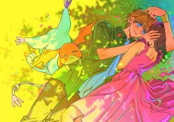 Rule 34 | blonde hair, body fur, brown hair, brown pants, cat, couple, digimon, digimon adventure 02, dress, green shirt, hetero, highres, looking at another, lying, ojing oppa (o b s 00), on grass, on side, orange fur, pants, patamon, pink dress, shirt, short hair, tailmon, takaishi takeru, white fur, white shirt, yagami hikari