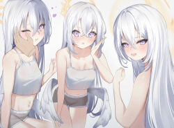 1girl 1other :t absurdres alternate_costume angel_wings azusa_(blue_archive) bare_shoulders blue_archive breasts brown_shorts camisole closed_mouth commentary english_commentary hand_on_another&#039;s_cheek hand_on_another&#039;s_face highres loli long_hair looking_at_viewer low_wings midriff multiple_views navel nokyang one_eye_closed open_mouth parted_lips purple_eyes short_shorts shorts small_breasts white_camisole white_hair wings
