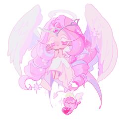 Rule 34 | 1girl, absurdly long hair, angel wings, barefoot, bright pupils, chibi, chibi only, colored eyelashes, colored skin, commentary, cookie run, cookie run: kingdom, demon tail, dress, drill hair, eternal sugar cookie, feathered wings, gem, halo, hands on own chin, hands up, highres, humanization, knees up, long hair, parted bangs, pink eyes, pink gemstone, pink hair, pink skin, pointy ears, reed, short sleeves, simple background, sitting, solo focus, sparkle, symbol-only commentary, tail, very long hair, white background, white dress, white eyelashes, white halo, white tail, white wings, wings