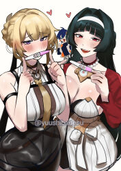 Rule 34 | 3girls, :d, absurdres, astra yao, belle (zenless zone zero), black hair, blonde hair, blue hair, blush, breasts, cleavage, cropped jacket, dress, evelyn chevalier, green eyes, hair intakes, hairband, highres, holding, holding pregnancy test, jacket, large breasts, mole, mole under each eye, mole under eye, multiple girls, multiple moles, necktie, open mouth, pregnancy test, purple eyes, red eyes, red jacket, simple background, smile, white background, white dress, white hairband, yuushiba, zenless zone zero