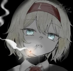 Rule 34 | 1girl, alice margatroid, black background, blonde hair, blue eyes, bow, bowtie, capelet, cigarette, collared capelet, commentary, cookie (touhou), dated, hairband, highres, looking at viewer, open mouth, portrait, red bow, red bowtie, red hairband, sharp teeth, short hair, sihat 13, smoking, solo, taisa (cookie), teeth, touhou, white capelet