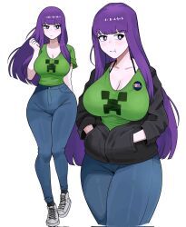 Rule 34 | 1girl, black hoodie, blunt bangs, breasts, cat, closed mouth, creeper, fern (sousou no frieren), full body, hands in pockets, highres, hood, hooded jacket, hoodie, jacket, long hair, minecraft, nyan cat, pants, pin, pop tart, purple eyes, purple hair, rainbow, rainbow trail, shirt, simple background, solo, sousou no frieren, t-shirt, tidal (tidaltides), wide hips