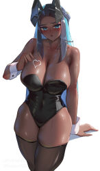 1girl animal_ears bare_shoulders black_hair black_leotard black_thighhighs blue_eyes blue_hair blush breasts cleavage collarbone covered_navel dark-skinned_female dark_skin eyeliner fake_animal_ears haska_(user_gure4787) highleg highleg_leotard highres large_breasts leotard long_hair looking_at_viewer makeup multicolored_hair nessa_(pokemon) nintendo open_mouth playboy_bunny pokemon pokemon_swsh rabbit_ears sidelocks solo thighhighs thighs two-tone_hair wrist_cuffs