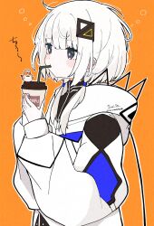 1girl bird cevio cup disposable_coffee_cup disposable_cup drinking_straw drinking_straw_in_mouth from_side grey_eyes hair_ornament hands_up highres holding holding_cup hood hood_down hooded_jacket jacket kafu_(cevio) kamitsubaki_studio long_hair long_sleeves messy_hair orange_background puffy_long_sleeves puffy_sleeves simple_background solo tori_(tori_nankotsu96) twintails twitter_username upper_body white_hair white_jacket