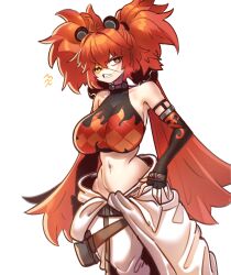 Rule 34 | 1girl, absurdres, alternate breast size, bare shoulders, black gloves, breasts, clenched teeth, commentary, crop top, elbow gloves, english commentary, fingerless gloves, gintm, gloves, highres, koleda belobog, large breasts, long hair, looking at viewer, midriff, navel, orange eyes, orange hair, pants, sharp teeth, shirt, sleeveless, sleeveless shirt, solo, standing, stomach, teeth, twintails, v-shaped eyebrows, very long hair, white pants, zenless zone zero