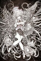 6+girls absurdly_long_hair angel angel_wings asymmetrical_wings aya_carmine blush body_horror braid closed_eyes collared_shirt dual_persona flower_wings full_body glasses greyscale halo highres leaf_wings long_hair meguro_miyuki millipen_(medium) mismatched_wings monochrome multiple_girls neck_ribbon open_mouth pen_(medium) plant_wings pleated_skirt ribbon sayonara_wo_oshiete school_uniform severed_head shirt shoes short_hair side_braids skirt smile snake socks sugamo_mutsuki surreal takada_nozomi tamachi_mahiru tendril tentacles tongue traditional_media twintails ueno_koyori underbust uwabaki very_long_hair vest wavy_hair wings