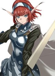1girl armor black_gloves black_shirt blue_eyes breastplate cape closed_mouth commentary_request floating_hair gloves grey_hairband hairband highres holding holding_sword holding_weapon hulkenberg_(metaphor:_refantazio) lips long_sleeves looking_at_viewer metaphor:_refantazio official_alternate_costume pink_lips pointy_ears red_hair s-m-53413 shirt short_hair simple_background solo sword weapon white_background white_cape