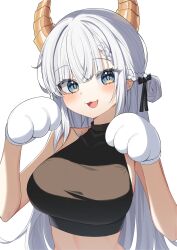 1girl :3 absurdres animal_hands bare_arms bare_shoulders black_shirt blue_eyes braid breasts crop_top gloves hair_bun hands_up highres horns iana_ignosis jinggun large_breasts long_hair looking_at_viewer open_mouth paw_gloves shirt simple_background sleeveless sleeveless_shirt smile solo v-lup virtual_youtuber white_background white_hair