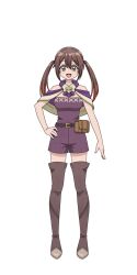 Rule 34 | 1girl, anime coloring, aoi tomato, bare shoulders, batchel (tsuihousha shokudou e youkoso!), belt, belt pouch, boots, breasts, brown boots, brown eyes, brown hair, cleavage, freckles, full body, highres, large breasts, long hair, looking at viewer, open hand, open mouth, pouch, simple background, smile, solo, standing, tareme, thigh boots, thighs, transparent background, tsuihousha shokudou e youkoso!, twintails