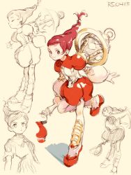 Rule 34 | 1girl, arms at sides, boots, braid, brown background, bubble skirt, closed mouth, commentary request, corset, detached sleeves, frown, highres, holding, holding staff, imay3927, long hair, looking at viewer, multiple views, napple tale, partially colored, poach arsia, puffy short sleeves, puffy sleeves, raised eyebrow, red eyes, red hair, red skirt, short sleeves, simple background, sketch, skirt, smile, staff, standing, standing on one leg, swept bangs, tall hair