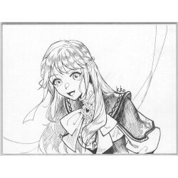 1girl cowenna graphite_(medium) long_hair looking_at_viewer mabinogi monochrome official_art puffy_short_sleeves puffy_sleeves ribbon short_sleeves simple_background sketch smile traditional_media