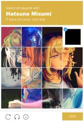 1girl absurdres artist_name bang_dream! bang_dream!_it&#039;s_mygo!!!!! black_hat blonde_hair brown_dress captcha closed_mouth commentary doloris_(bang_dream!) domino_mask dress dual_persona english_commentary english_text hanasakigawa_school_uniform hand_up hat highres inverted_colors mask misumi_uika open_mouth phos_(ennuuiim) purple_eyes sailor_dress school_uniform shirt slime_(substance) smile spoilers white_shirt