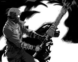 1boy absurdres ammunition_belt black_gloves courier_(fallout:_new_vegas) decomposedtaco duster explosion fallout:_new_vegas fallout fingerless_gloves gas_mask gloves greatsword helmet highres holding holding_sword holding_weapon mask ncr_veteran_ranger solo sword torn_clothes vambraces weapon