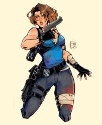 Rule 34 | artist logo, bandaged arm, bandaged leg, bandages, blue eyes, blue tank top, brown hair, fawkesart, gloves, gun, handgun, highres, holding, holding gun, holding weapon, holster, jill valentine, logo, partially fingerless gloves, police badge, resident evil, resident evil 3: nemesis, resident evil 3 (remake), shoulder holster, simple background, tank top, thigh holster, weapon